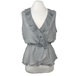 MAX Studio Surplice Wrap Ruffle Trim Sleeveless Blouse Gingham Poly Chiffon